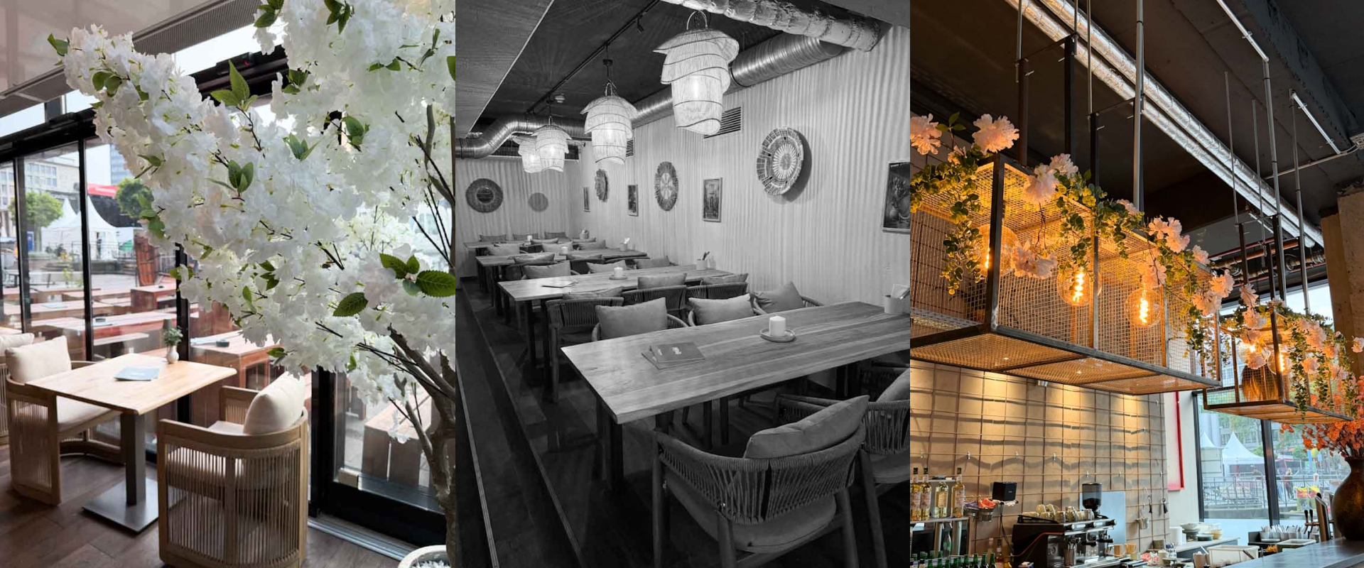 Gemutliches Restaurant innen mit Holztischen, warmem Licht und Blumenketten
